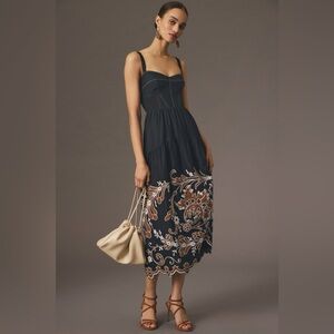 Anthropologie Midi Dress Floral Applique Embroidery Sz XXS Petite Boho Party